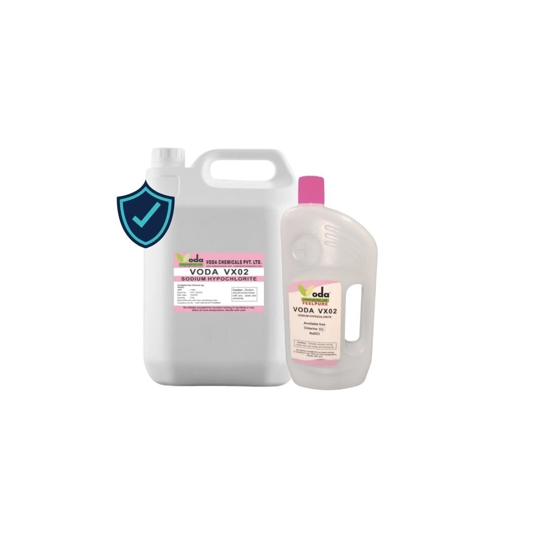 21 A bottle of Surface Hypochlorite 5% solution. The bottle is labeled with the product name and prominently displays the hypochlorite concentration of 5%. The liquid inside the bottle is transparent, indicating its purity. The background may show a clean and sanitized surface, such as a kitchen countertop or a bathroom tile. The image conveys the application of Surface Hypochlorite as a disinfectant and cleaning agent with a specific concentration. It suggests the product's effectiveness in killing bacteria, viruses, and other pathogens, making it suitable for maintaining hygiene and preventing the spread of germs in household or commercial settings.