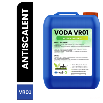 A container of anti-scalant solution. The container is labeled with the product name and prominently indicates its purpose as an anti-scalant. The liquid inside the container is transparent or lightly colored. The image may show a water treatment system, such as a water softener or a reverse osmosis system. It conveys the application of the anti-scalant in preventing the build-up of scale or mineral deposits on surfaces. The image suggests the product's effectiveness in maintaining the efficiency and longevity of equipment by reducing scale formation in various industrial or domestic settings.