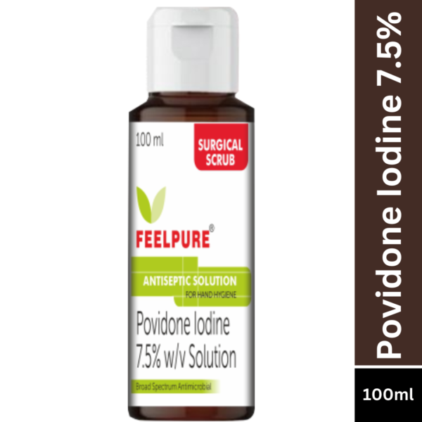 Povidone Iodine: Bottle of Povidone Iodine antiseptic solution, known for its effective disinfection properties and wound care applications.