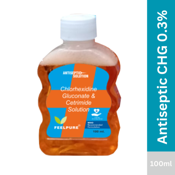 A bottle of antiseptic liquid with CHG 0.3% concentration. The bottle has a clear label with the product name and CHG concentration prominently displayed. The liquid inside the bottle is transparent, indicating its purity. The background showcases a medical setting, with a clean and sterile environment, suggesting the antiseptic's use in healthcare settings. Additionally, medical instruments or equipment may be shown nearby, highlighting the product's role in infection control and prevention.