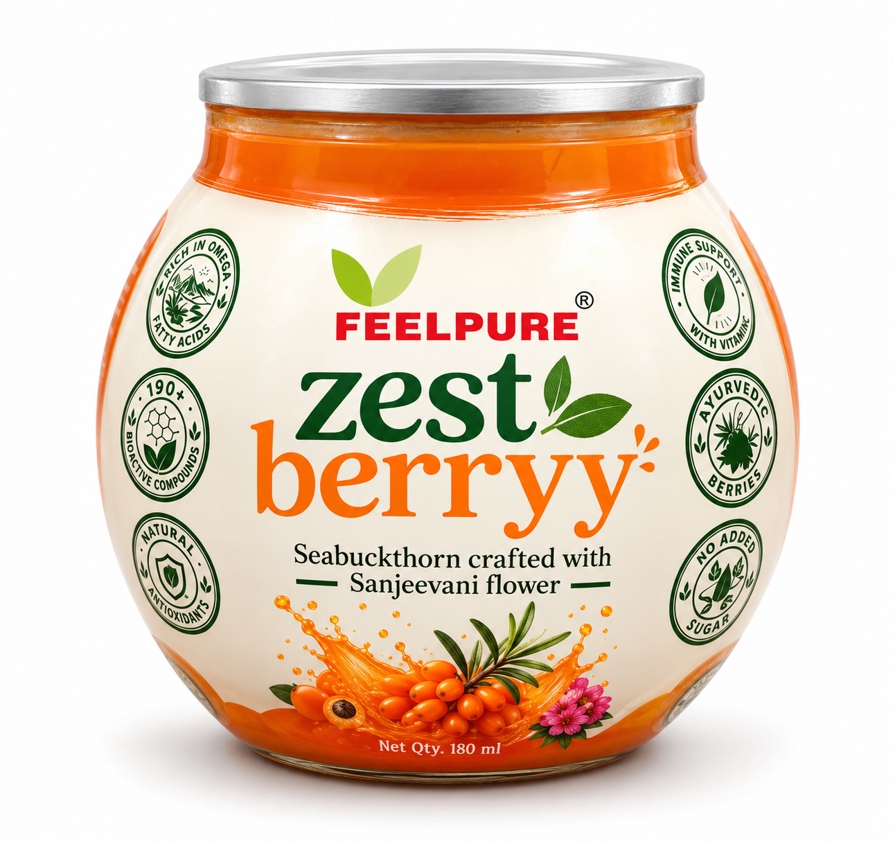 FeelPure Zest Berry Jar Seabuckthorn Juice 180ml - Image 1